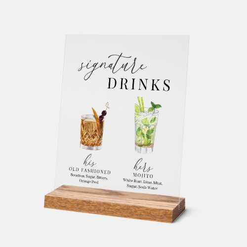 Modern Elegant Watercolor Signature Drinks Acrylic Sign