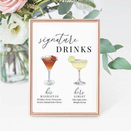 Modern Elegant Watercolor Signature Drinks Sign