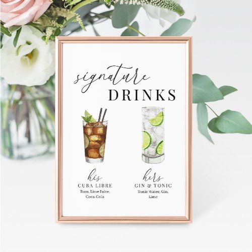 Modern Elegant Watercolor Signature Drinks Sign