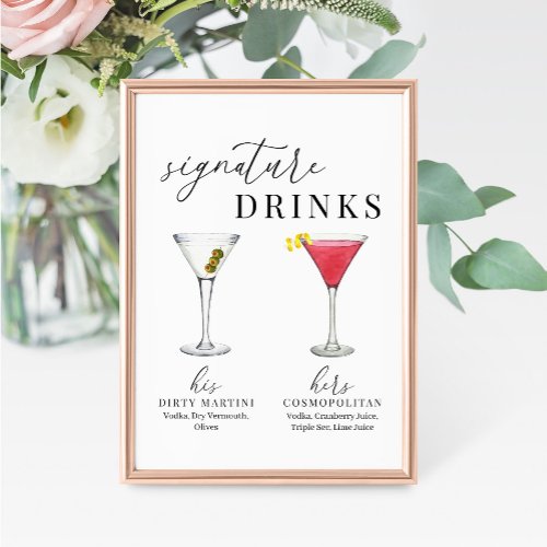 Modern Elegant Watercolor Signature Drinks Sign