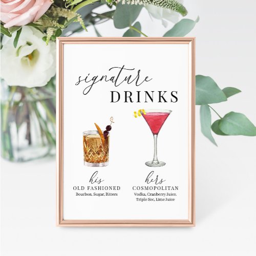 Modern Elegant Watercolor Signature Drinks Sign