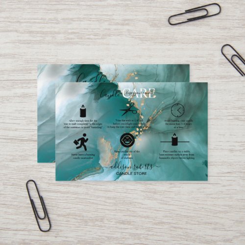 Modern Elegant Watercolor Teal Candle Care    Business Card