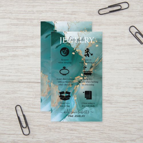 Modern Elegant Watercolor Teal Jewelry Care Business Card