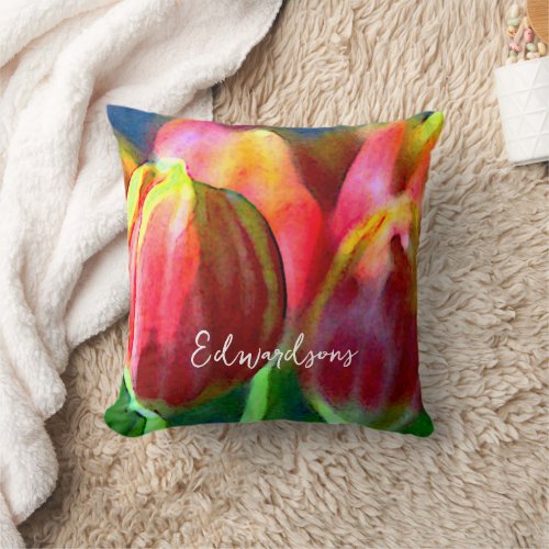 Modern elegant watercolor tulips monogram name throw pillow