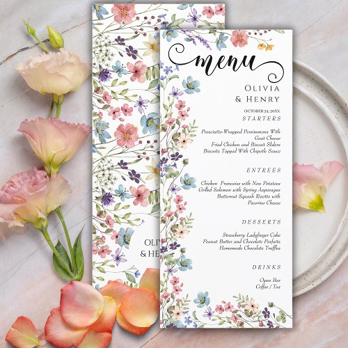 Modern Elegant Watercolor  Wildflowers Wedding  Menu