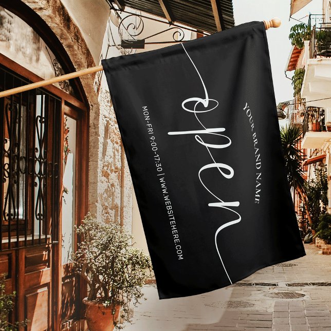 Modern Elegant We Are Open Salon Boutique Flag (Black We Are Open Outdoor Flag for business, featuring stylish script font and custom text)