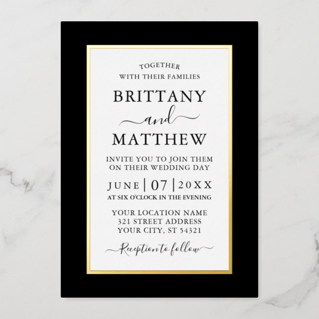 Modern Elegant Wedding Black and White Gold Foil Invitation (Front)