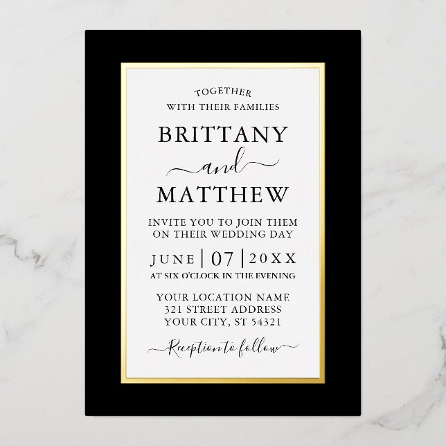 Modern Elegant Wedding Black and White Gold Foil Invitation (Front)