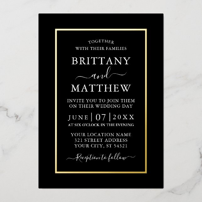 Modern Elegant Wedding Black White Gold Foil Invitation (Front)
