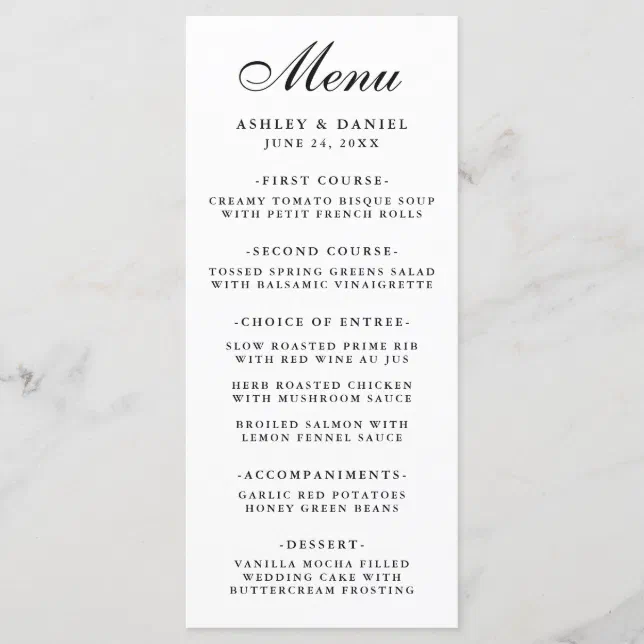 Modern Elegant Wedding Black & White Menu | Zazzle