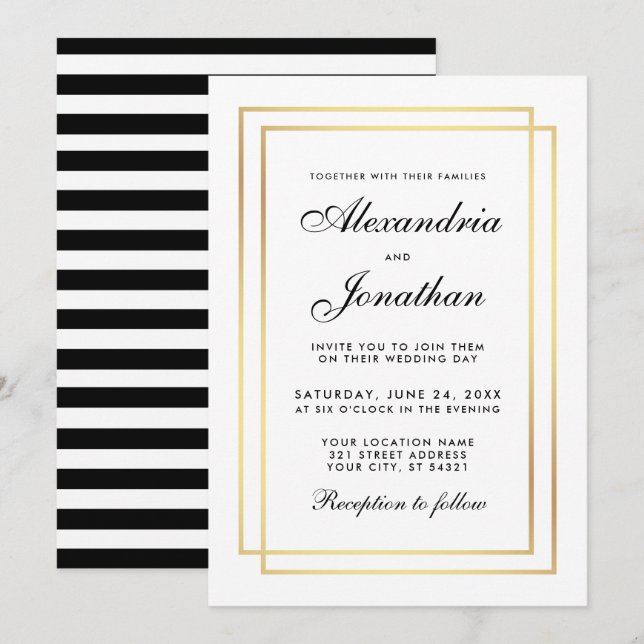 Modern Elegant Wedding Black White Striped Invite (Front/Back)