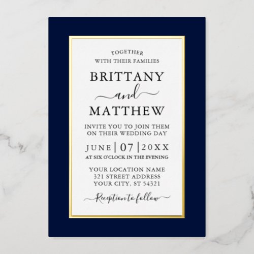 Modern Elegant Wedding Blue Gold Foil Invitation