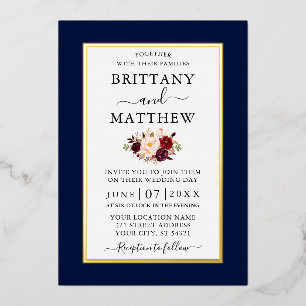 Modern Elegant Wedding Burgundy Floral Blue Gold Foil Invitation