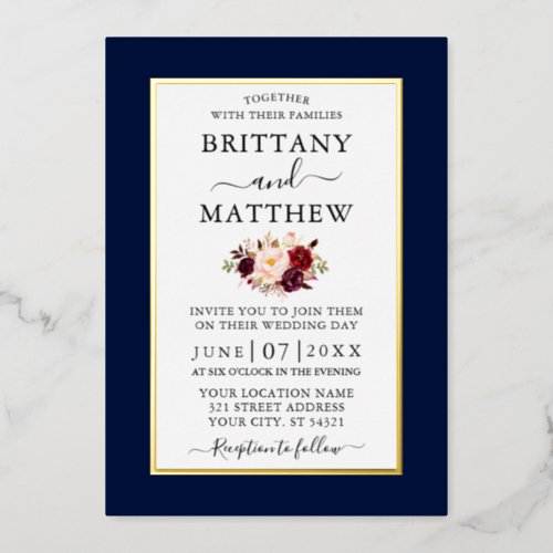 Modern Elegant Wedding Burgundy Floral Blue Gold Foil Invitation