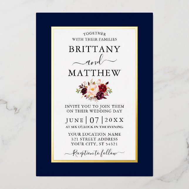 Modern Elegant Wedding Burgundy Floral Blue Gold Foil Invitation (Front)