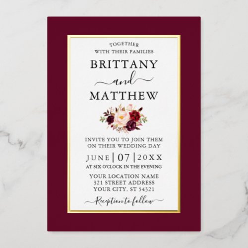 Modern Elegant Wedding Burgundy Floral Gold Foil Invitation