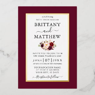 Modern Elegant Wedding Burgundy Floral Gold Foil Invitation