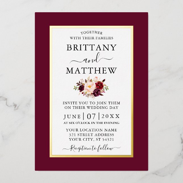 Modern Elegant Wedding Burgundy Floral Gold Foil Invitation (Front)