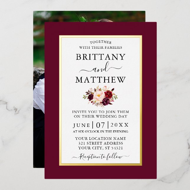 Modern Elegant Wedding Burgundy Floral Photo Gold Foil Invitation (Front/Back)