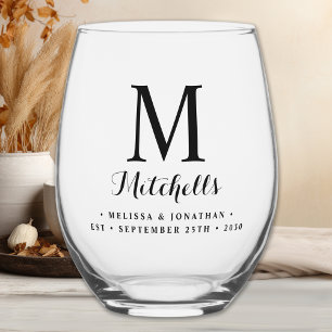Modern Elegant Wedding Custom Monogram Name Date Stemless Wine Glass