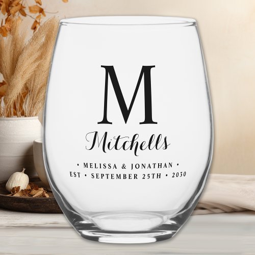 Modern Elegant Wedding Custom Monogram Name Date Stemless Wine Glass