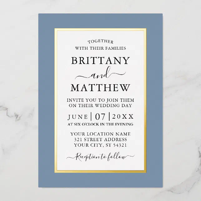 Modern Elegant Wedding Dusty Blue Gold Foil Invitation | Zazzle
