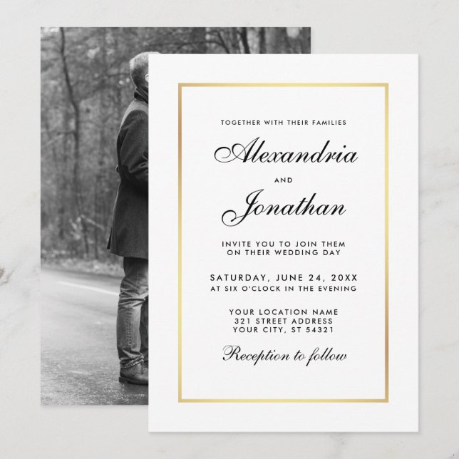 Modern Elegant Wedding Invite - Black White Photo (Front/Back)