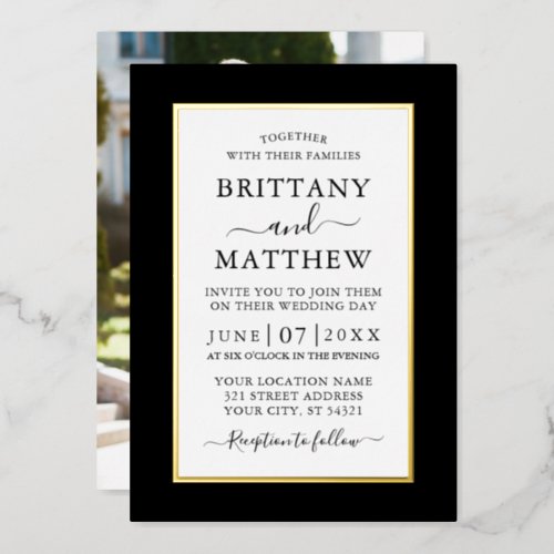 Modern Elegant Wedding Photo Black and White Gold Foil Invitation