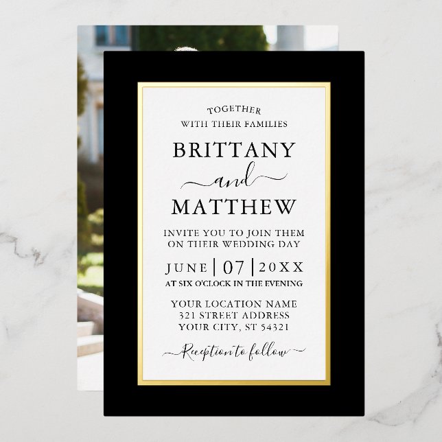 Modern Elegant Wedding Photo Black and White Gold Foil Invitation (Front/Back)