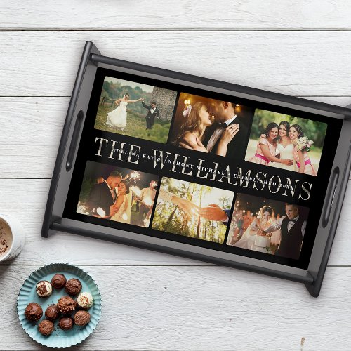 Modern Elegant Wedding Photo Collage Chic Black Serving Tray