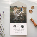 Modern Elegant Wedding Photo QR Code All In One Invitation<br><div class="desc">Modern Elegant Black and White Wedding Photo QR Code All in One Invitation is a unique tri-fold invite option that is self-enclosed, sealed, mailed to guests with an option to RSVP online; no need for envelopes! Design features an engagement photo of the couple with modern calligraphy script accents and classic...</div>