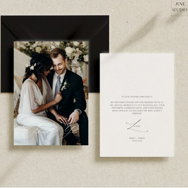 Modern Elegant Wedding Photo Thank You Card (simple photo wedding thank you cad, moden elegant calligaphy wedding photo, simple moden)