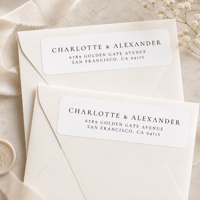 Modern Elegant Wedding Return Address Label (Modern Elegant Wedding Return Address Label displayed on cream envelopes.)