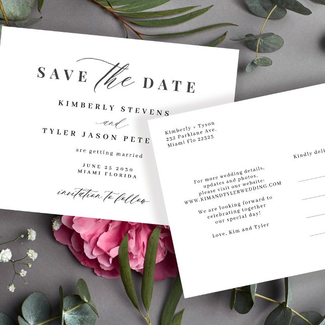 Modern elegant wedding script save the date announcement postcard (Creator Uploaded)