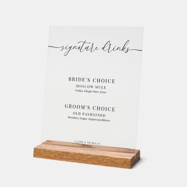 Modern Elegant Wedding Signature Drinks Acrylic Sign (Angle)