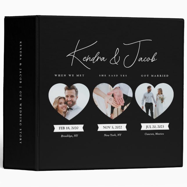 Modern Elegant Wedding Story Photo Album Black 3 Ring Binder (Front/Spine)