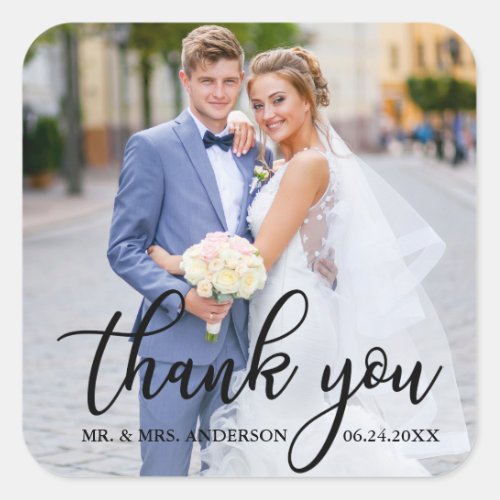 Modern Elegant Wedding Thank You Bride Groom Photo Square Sticker