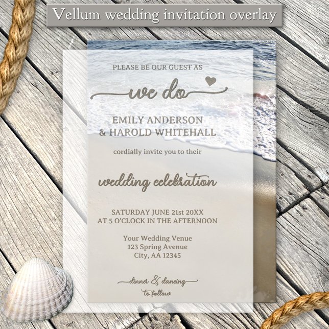 Modern Elegant Wedding Vellum Invitations (Elegant playful vellum wedding invitation featuring script text and a heart in sandy beach colors)