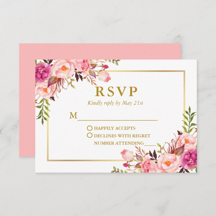 Modern Elegant Wedding Watercolor Pink Floral RSVP Card | Zazzle