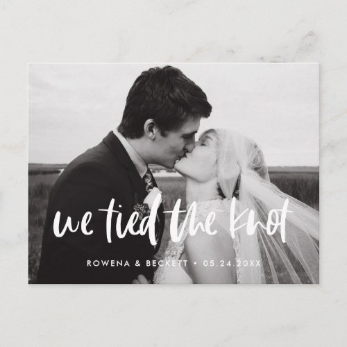 Modern elegant wedding We tied the knot photo Postcard