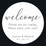 Modern Elegant Wedding Welcome Classic Round Sticker<br><div class="desc">Custom-designed welcome stickers featuring modern elegant black and white design.</div>