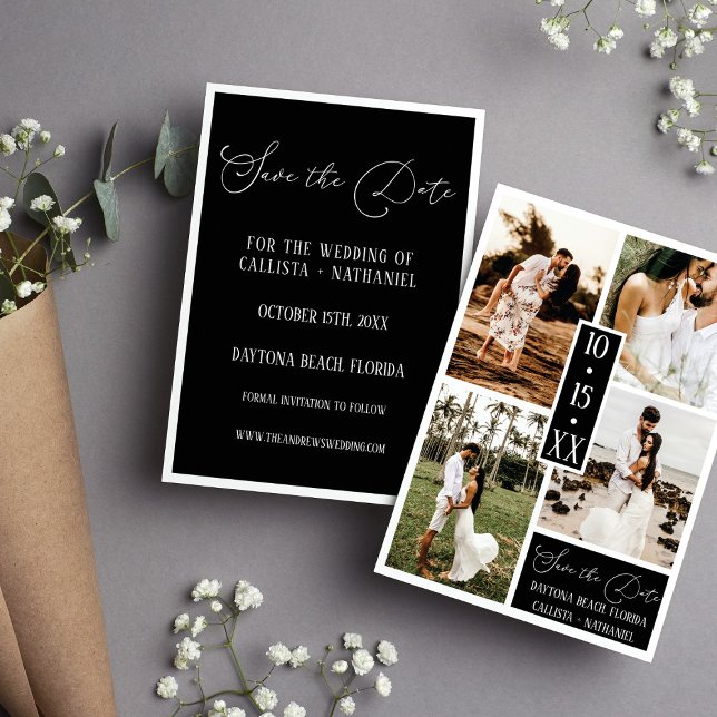 Modern Elegant White Black  Four Photo Wedding Save The Date (Creator Uploaded)