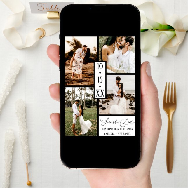 Modern Elegant White Black Four Photo Wedding Save The Date (Front Digital)