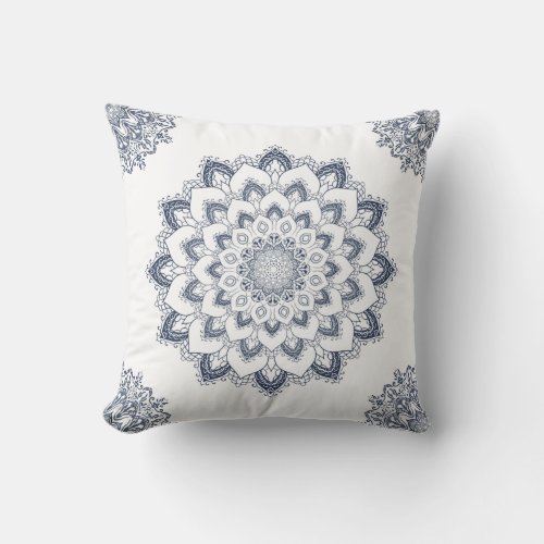 Modern Elegant White Blue Boho Mandala Throw Pillow