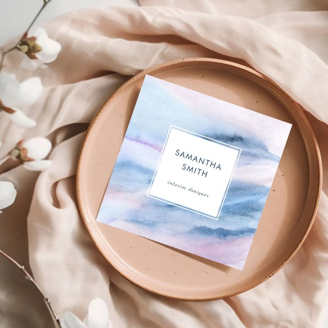 Modern Elegant White Blue Watercolor Abstract  Square Business Card (Elegant Blue White Watercolor Abstract Square Business Card)