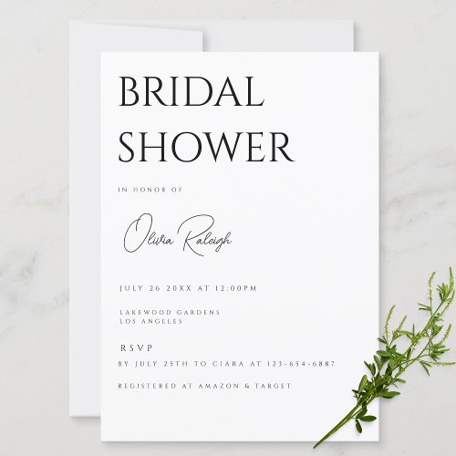 Modern  Elegant White Bridal Shower Invitation