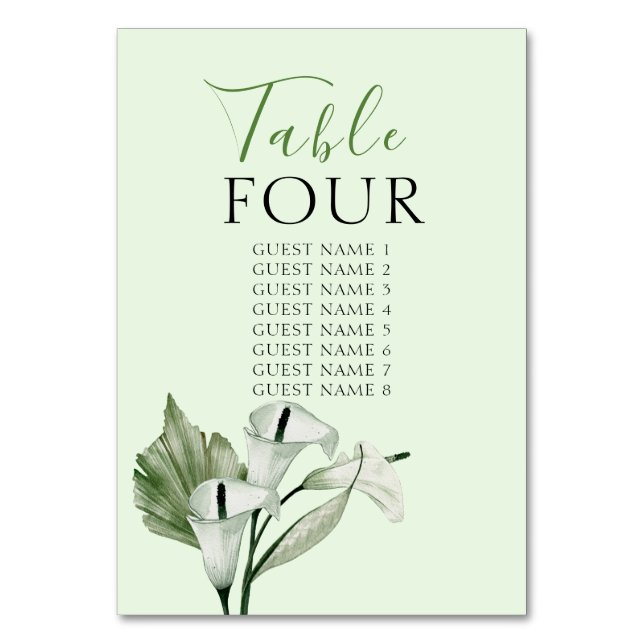 Modern Elegant White Calla Lilies Wedding Table Number (Back)