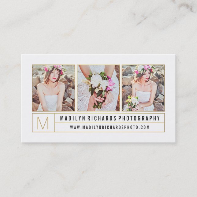 Modern elegant white chic gold lines photography business card (Front)