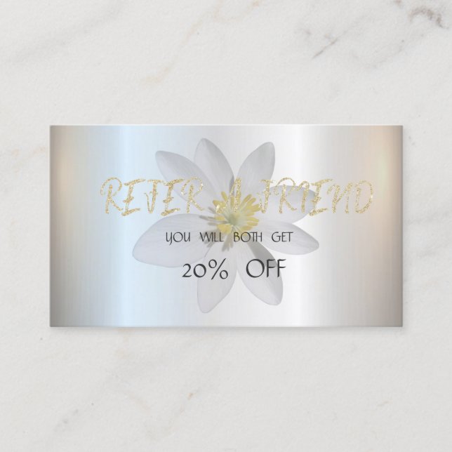 Modern Elegant White Daisy, Silver  Referral Card (Front)
