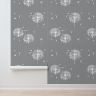 Modern Elegant White Dandelions on Dark Grey Wallpaper